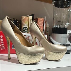 Gold Faux Leather Platform Heels | Luxe Metallic Snake Print Pump